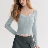 Kroche 2511 打揽格纹蕾丝花边假两件绞花针织衫 蓝