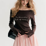 Kroche 2511 重工刺绣 两穿一字领修身长袖针织衫 巧克力