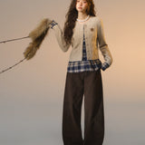 SOMESOWE 2512 假两件格纹拼接绞花开衫 杏