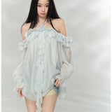 VIA PITTI 2606 露肩荷叶边连衣裙 浅蓝