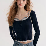 Kroche 2511 打揽格纹蕾丝花边假两件绞花针织衫 藏青