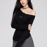 MacyMccoy 2502 斜肩亮丝针织上衣 黑