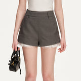 Kroche 2602 网纱花边拼接 简约休闲天丝羊毛A字短裤