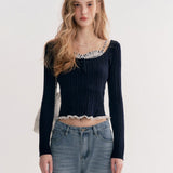 Kroche 2511 打揽格纹蕾丝花边假两件绞花针织衫 藏青