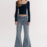 Kroche 2511 打揽格纹蕾丝花边假两件绞花针织衫 藏青