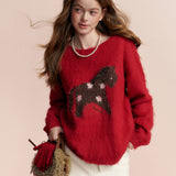 Kroche 2602 羊毛混纺 拉毛撞色小马提花宽松圆领毛衣 新年红