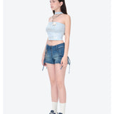 13DE MARZO | 2602 Silver Foil Chain Print Bustier Top Blue