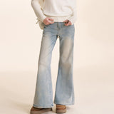 Kroche 2512  手工钉五瓣花亮片加绒微喇牛仔裤