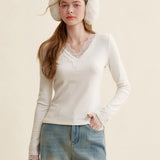 Kroche 2511 蕾丝拼接 v领修身长袖T恤上衣打底