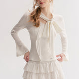 Kroche 2511 设计感飘带蝴蝶结V领长袖修身T恤 白