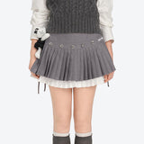 13DE MARZO | 2604 Faux Rhinestones Double-Layer Pleated Skirt Grey