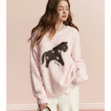 Kroche 2602 羊毛混纺 拉毛撞色小马提花宽松圆领毛衣 柔雾粉