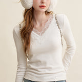 Kroche 2511 蕾丝拼接 v领修身长袖T恤上衣打底