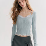 Kroche 2511 打揽格纹蕾丝花边假两件绞花针织衫 蓝