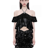 OZLANA SS2404 Bijoux Sequin Halterneck Top Black