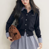 Kroche 2512 羊毛混纺 格纹翻领拼接假两件针织开衫