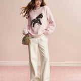 Kroche 2602 羊毛混纺 拉毛撞色小马提花宽松圆领毛衣 柔雾粉