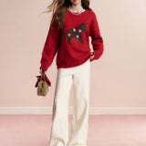 Kroche 2602 羊毛混纺 拉毛撞色小马提花宽松圆领毛衣 新年红