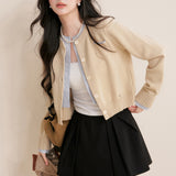 Kroche 2512 羊毛混纺撞色假两件拼接短款针织开衫