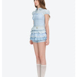13DE MARZO | 2606 leeveless Top with Puff Sleeve Shirt Light Blue