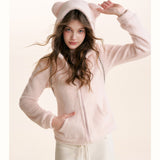 Kroche 2602 小熊耳朵连帽修身毛绒卫衣外套 柔雾粉