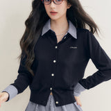 Kroche 2512 羊毛混纺 格纹翻领拼接假两件针织开衫