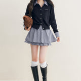 Kroche 2512 羊毛混纺 格纹翻领拼接假两件针织开衫