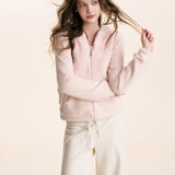 Kroche 2602 小熊耳朵连帽修身毛绒卫衣外套 柔雾粉