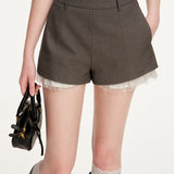 Kroche 2602 网纱花边拼接 简约休闲天丝羊毛A字短裤