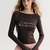 Kroche 2511 重工刺绣 两穿一字领修身长袖针织衫 巧克力