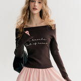 Kroche 2511 重工刺绣 两穿一字领修身长袖针织衫 巧克力