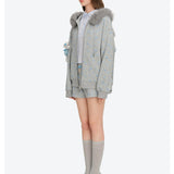 13DE MARZO | 2610 Floral Print Hoodie with Fur Collar Grey