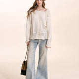 Kroche 2601 蕾丝系带抽绳花边露肩套头毛衣
