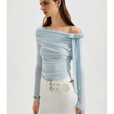 KINGWEN 2602 斜肩褶皱飘带上衣（蝴蝶结可拆） 蓝