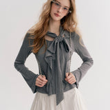 Kroche 2511 设计感飘带蝴蝶结V领长袖修身T恤 灰