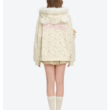 13DE MARZO | 2610 Floral Print Hoodie with Fur Collar Beige