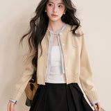 Kroche 2512 羊毛混纺撞色假两件拼接短款针织开衫