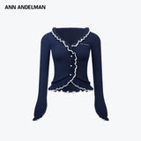 ANN ANDELMAN 2601 撞色荷叶边V领针织开衫