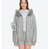 13DE MARZO | 2610 Floral Print Hoodie with Fur Collar Grey