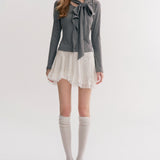 Kroche 2511 设计感飘带蝴蝶结V领长袖修身T恤 灰