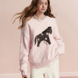 Kroche 2602 羊毛混纺 拉毛撞色小马提花宽松圆领毛衣 柔雾粉