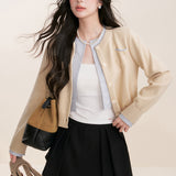 Kroche 2512 羊毛混纺撞色假两件拼接短款针织开衫