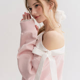 Kroche 2511 撞色棉布蕾丝翻领斜肩卫衣 浅粉