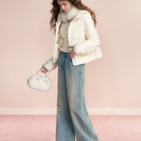 Kroche 2602 重工烫钻内里抓绒宽松直筒牛仔裤