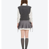 13DE MARZO | 2604 Faux Rhinestones Double-Layer Pleated Skirt Grey