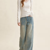 Kroche 2511 蕾丝拼接 v领修身长袖T恤上衣打底