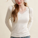 Kroche 2511 蕾丝拼接 v领修身长袖T恤上衣打底