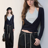 VIA PITTI 2509 挂脖撞色交襟系带假两件 藏蓝