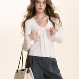 Kroche 2511 系带蝴蝶结麻花坑条修身针织打底衫