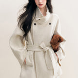 Kroche 2512  70羊毛立领双面呢香草白宽松大衣外套